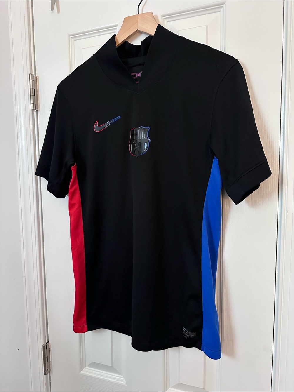 Nike Black Soccer Jersey with Red & Blue Side Panels